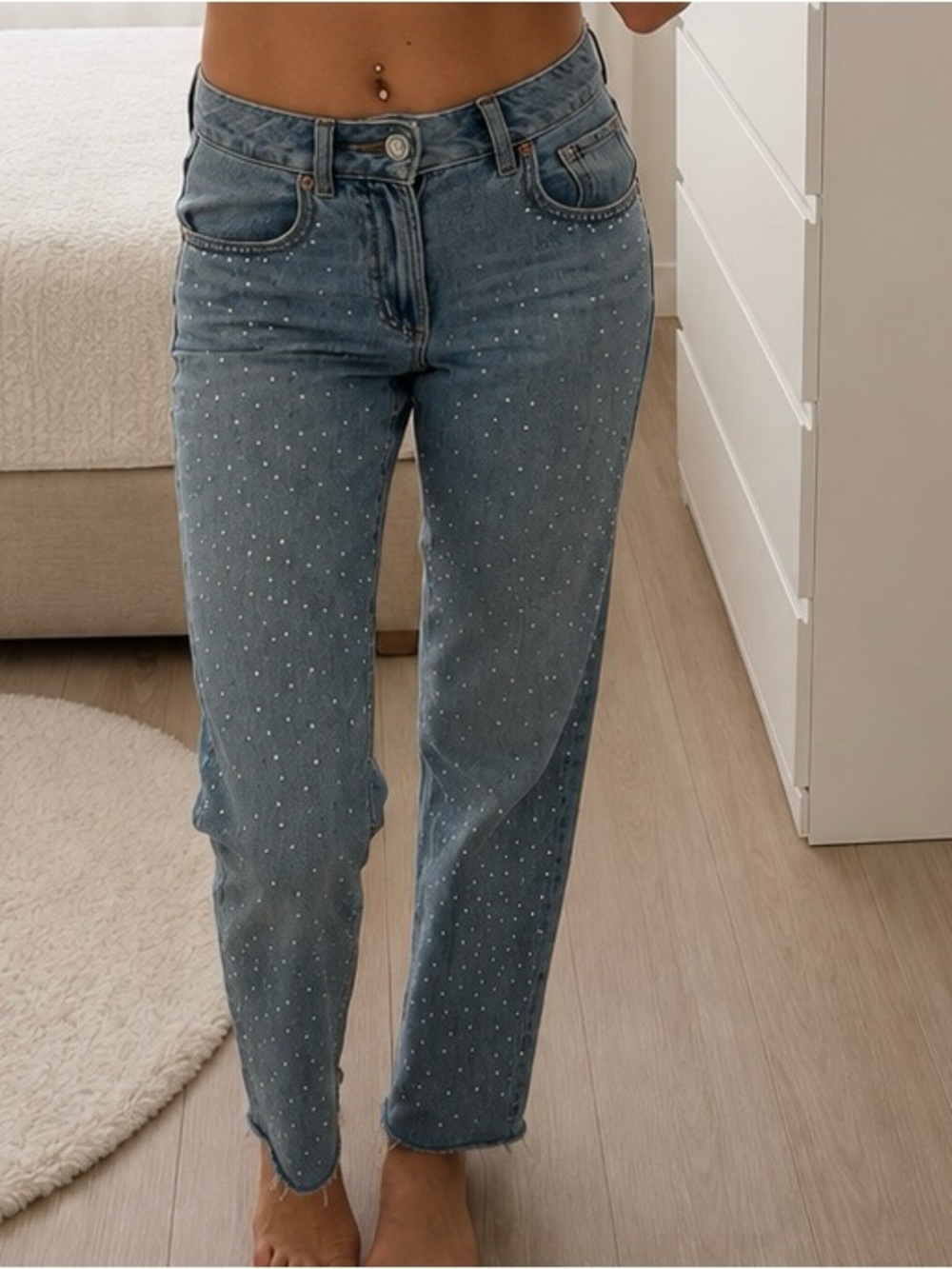 Garage Light Blue Straight Leg Jeans with Rhinestone Dots